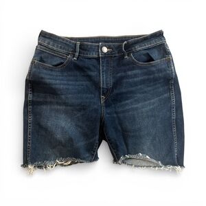 True Religion Jennie Curvy Skinny Bermuda Length Dark Blue Frayed Jean Shorts